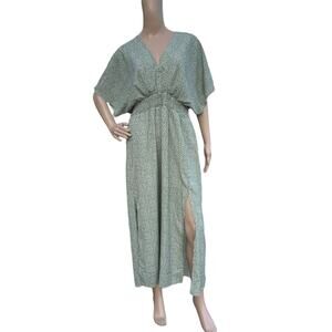 Elings Green White Floral Smocked V-Neck Maxi Dress M Side Slit
